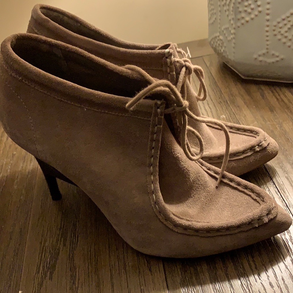 LOEFFLER RANDALL Leather Cowhide Stretch suede booties with unique heel design.